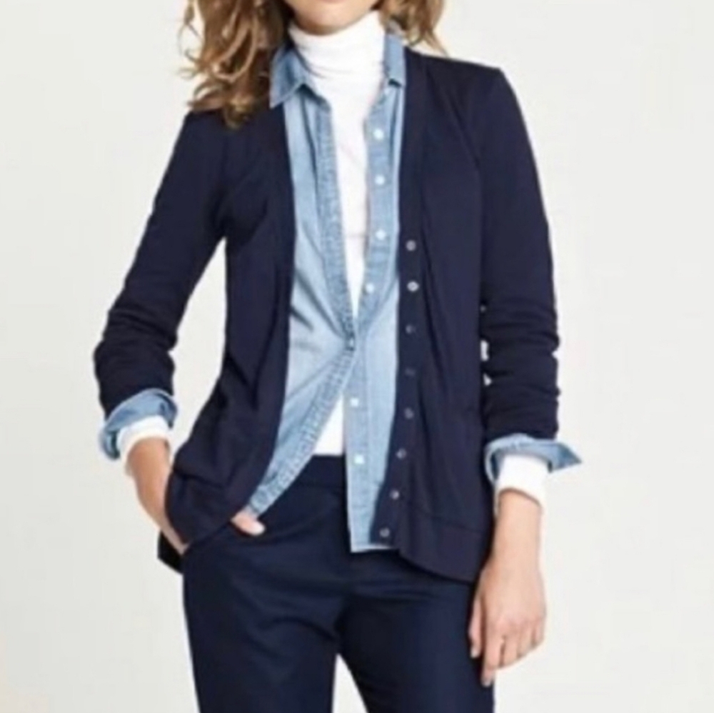 J. Crew Perfect Fit Double Pockets Button Down Cardigan XL Navy Blue Academia